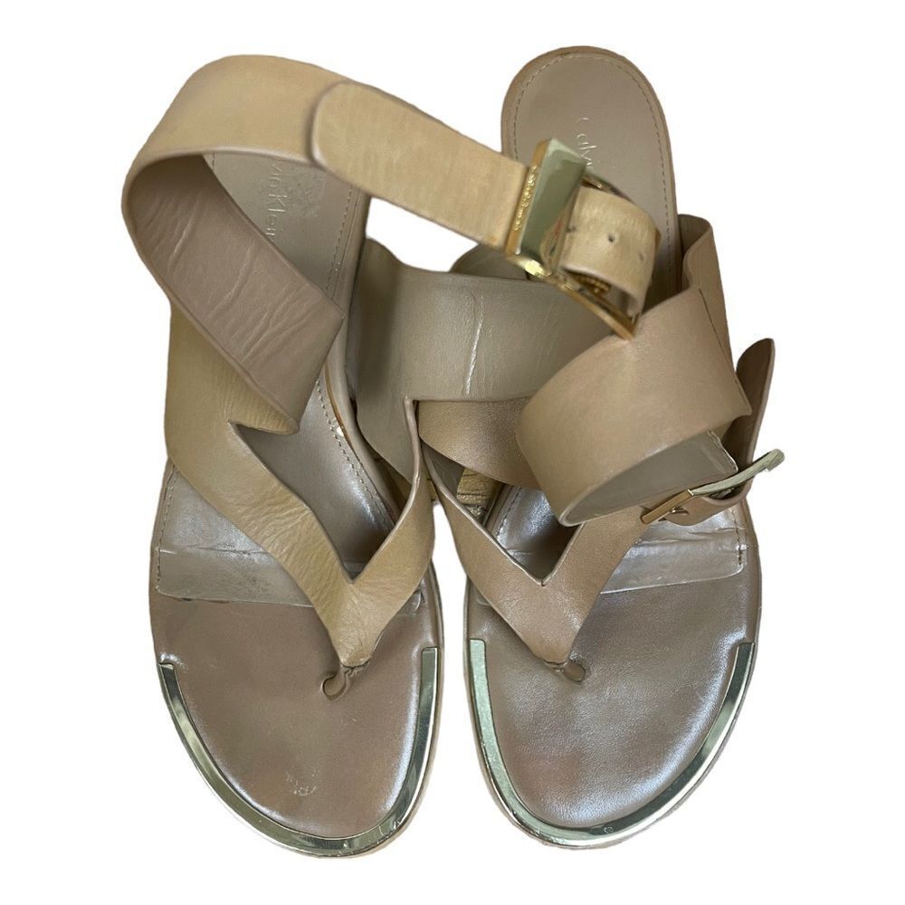 Calvin Klein Beige Leather Gladiator Thong Sandals Ankle Strap Size 10